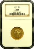 1839 $5 Liberty Gold NGC AU 58