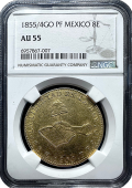 1855 Mexico | Hand on Book | 8-Escudo | NGC AU55