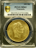 1889 Gold Venezuelan 100 Bolivares PCGS MS 61