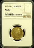 1829 Spanish 2 Escudo NGC MS 62