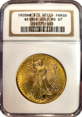 1908 NM | $20  St. Gaudens | Wells Fargo | MS-67