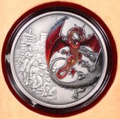 2019-2 oz Niue Silver Red Dragon Antiqued Coin in Storybook Display