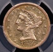1854-O $5 Liberty Head Half Eagle – PCGS AU55 | Ship of Gold Holder with California Gold Dust