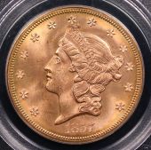 1857-S $20 Liberty Head Double Eagle “S.S. Central America” Spiked Shield Variety – PCGS MS64 
