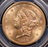 1856-S $20 Liberty Head Double Eagle – PCGS AU58 “Full Serif, Bold S” | Ship of Gold Holder with 1857 California Gold Dust