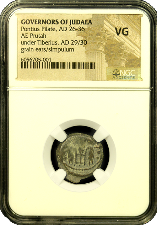 Pontius Pilate Bronze Prutah 26-36 AD - Very Good | Grain Ears/Simpulum | In Holder Pontius Pilate Bronze Prutah 26-36 AD - Very Good | Grain Ears/Simpulum | In Holder