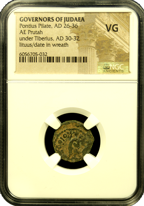 Pontius Pilate Bronze Prutah 26-36 AD | Very Good Quality | Lituus/ Date in Wreath | In Holder Pontius Pilate Bronze Prutah 26-36 AD | Very Good Quality | Lituus/ Date in Wreath | In Holder
