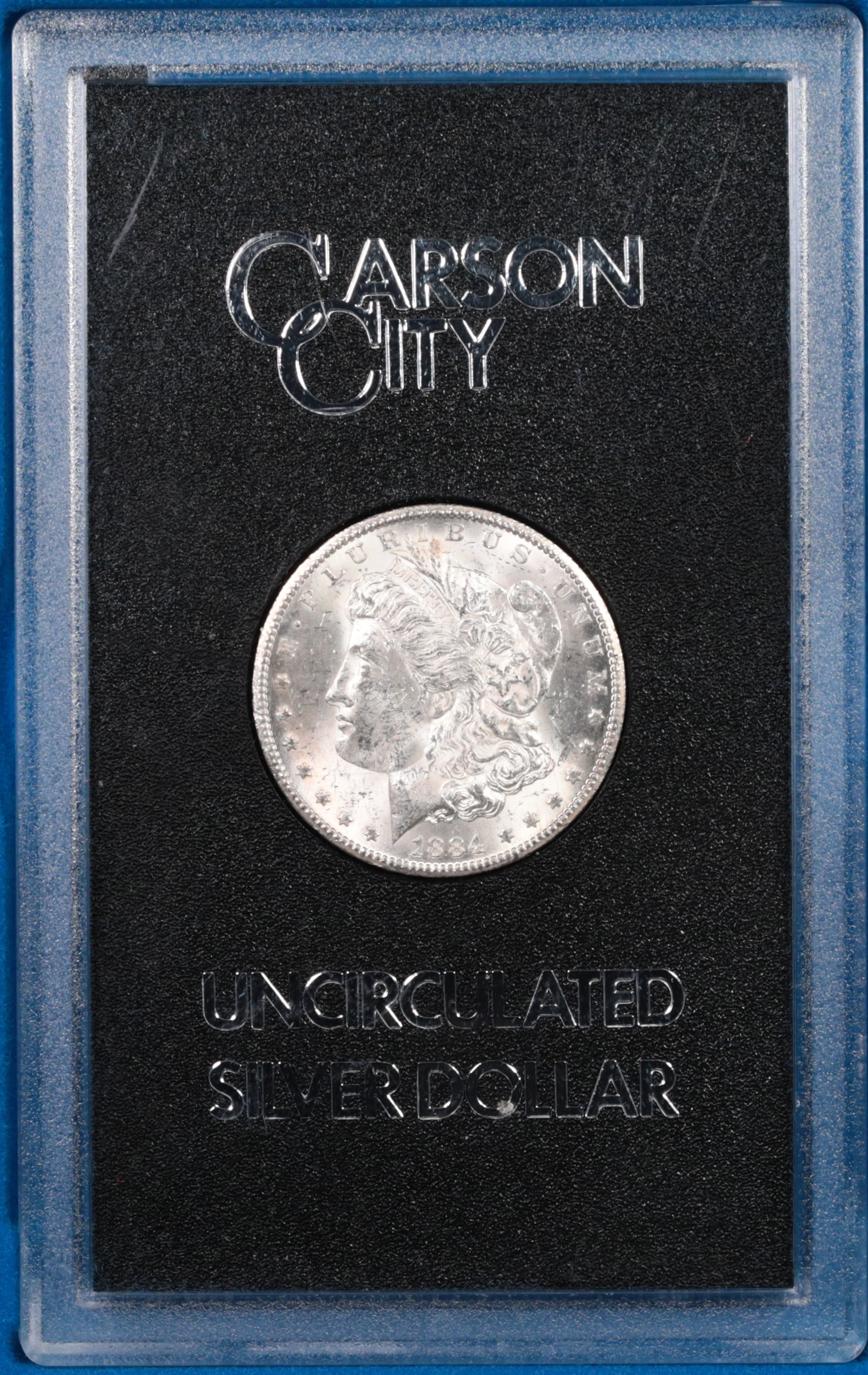 1884-CC Morgan Silver Dollar GSA Brilliant Uncirculated Obverse in Holder 1884-CC Morgan Silver Dollar GSA Brilliant Uncirculated Obverse in Holder