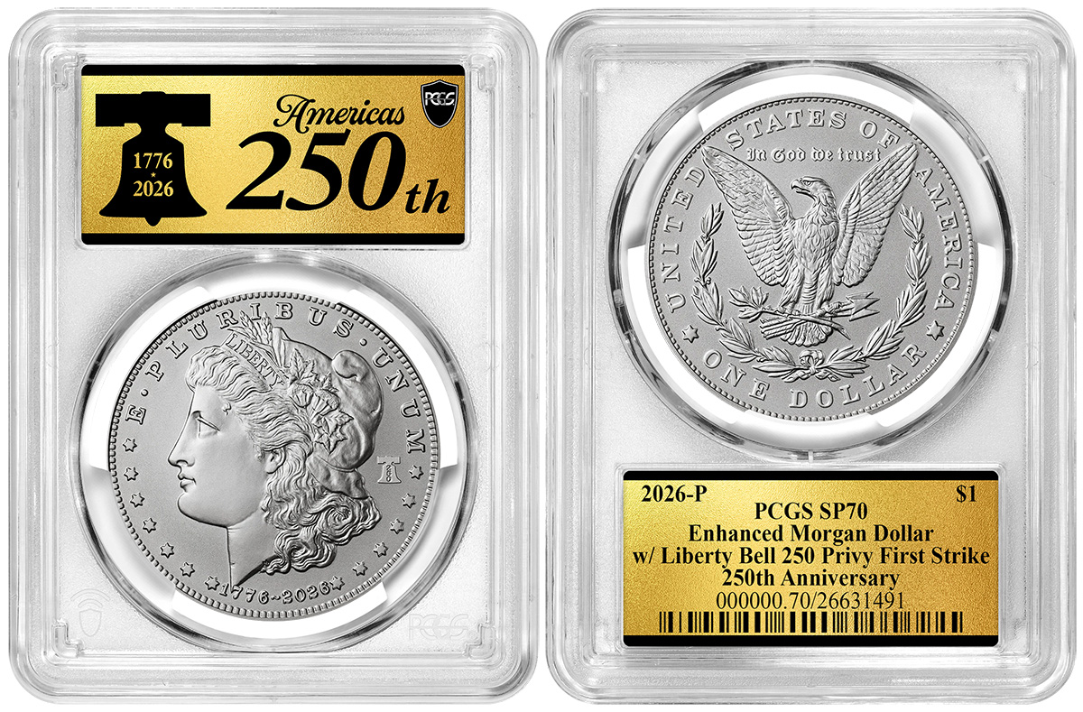 2026-P Enhanced Morgan & Peace Silver Dollar 2-Coin Set Liberty Bell 250 Privy First Strike PCGS SP-70 Obverse in Holder 2026-P Enhanced Morgan & Peace Silver Dollar 2-Coin Set Liberty Bell 250 Privy First Strike PCGS SP-70 Obverse in Holder