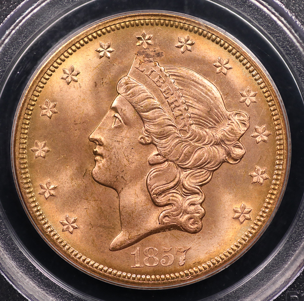 1857-S $20 Liberty Gold “SS Central America” Spiked Shield Variety PCGS MS-64