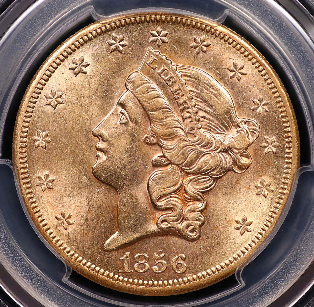 1856-S $20 Liberty Gold PCGS “Full Serif, Bold S” SS Central America Holder with 1857 California Gold Dust AU-58