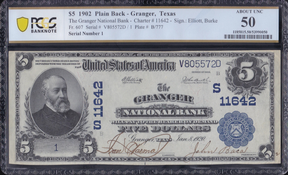 1902 $5 National Banknote Granger, TX National Bank PCGS AU-50