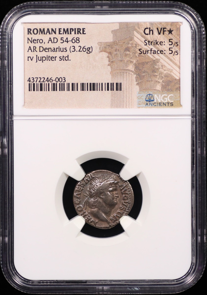 Nero Silver Denarius (AD 54-68) NGC Jupiter Reverse Choice Very Fine Nero Silver Denarius (AD 54-68) NGC Jupiter Reverse Choice Very Fine