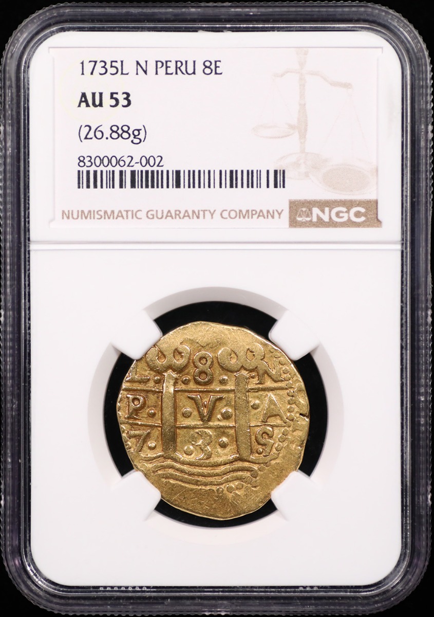 1735 Lima, Peru 8 Escudos Gold Cob NGC AU-53 1735 Lima, Peru 8 Escudos Gold Cob NGC AU-53