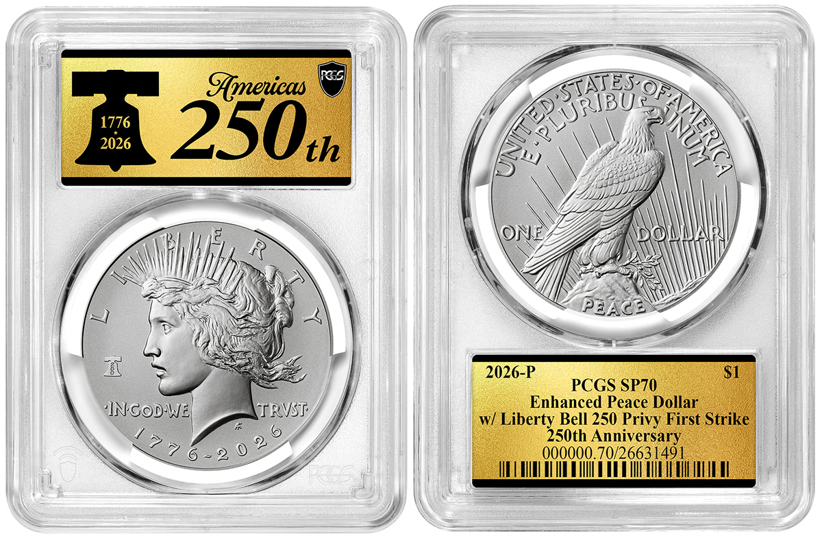 2026-P Enhanced Morgan & Peace Silver Dollar 2-Coin Set Liberty Bell 250 Privy First Strike PCGS SP-70 Reverse in Holder 2026-P Enhanced Morgan & Peace Silver Dollar 2-Coin Set Liberty Bell 250 Privy First Strike PCGS SP-70 Reverse in Holder