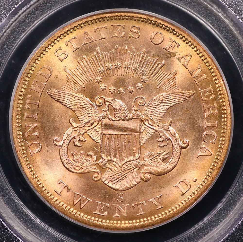 1857-S $20 Liberty Gold “SS Central America” Spiked Shield Variety PCGS MS-64