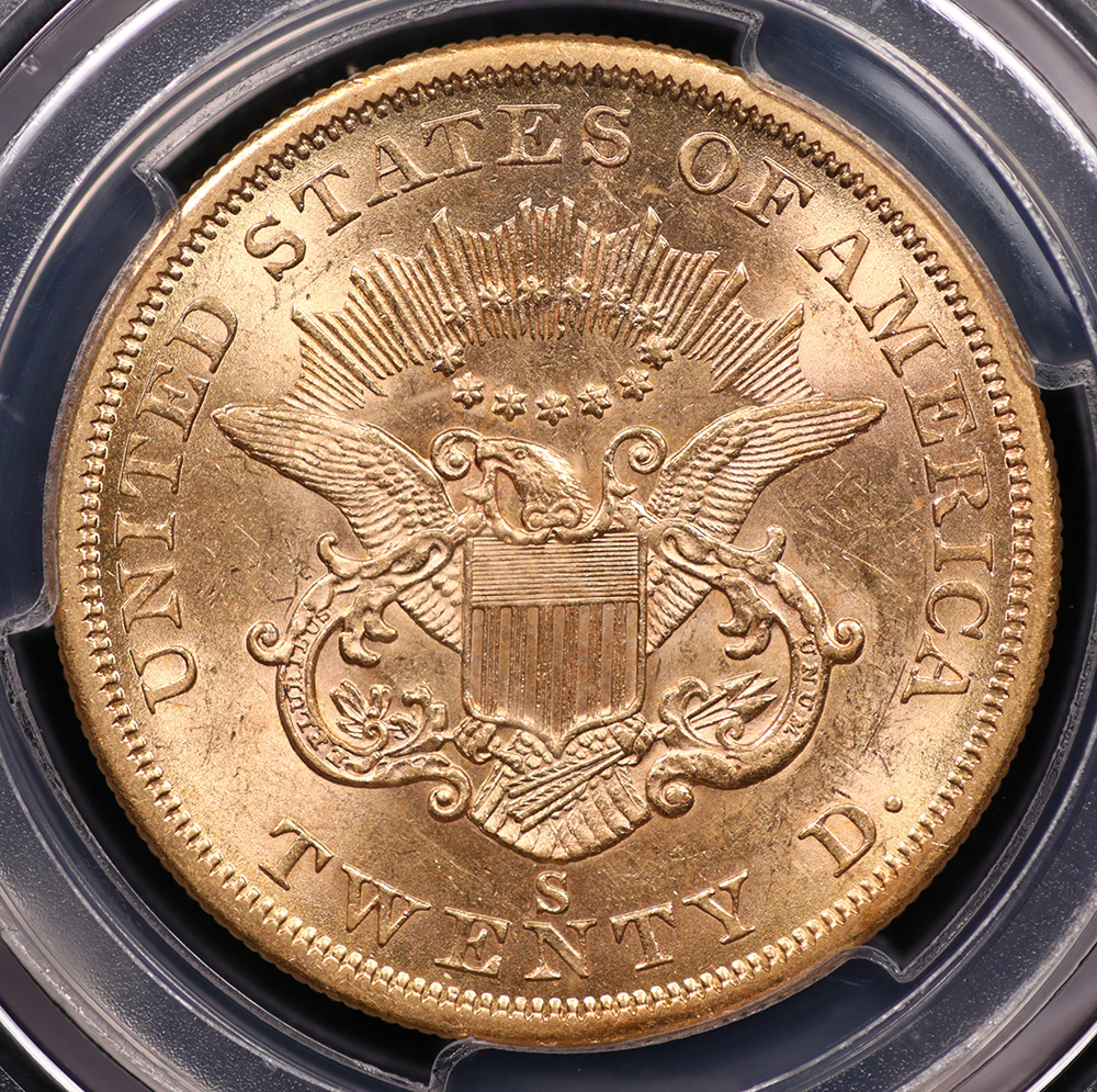 1856-S $20 Liberty Gold PCGS “Full Serif, Bold S” SS Central America Holder with 1857 California Gold Dust AU-58