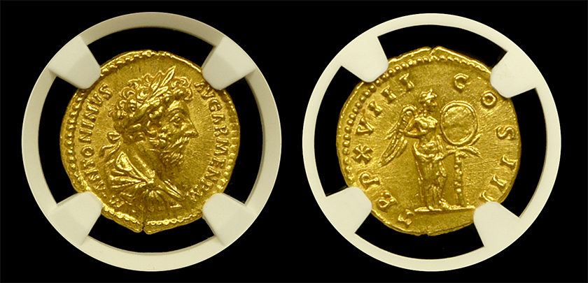 161-180 AD Roman Empire Marcus Aurelius Gold Aureus NGC Gem MS 5x5 Obverse and Reverse in Holder 161-180 AD Roman Empire Marcus Aurelius Gold Aureus NGC Gem MS 5x5 Obverse and Reverse in Holder