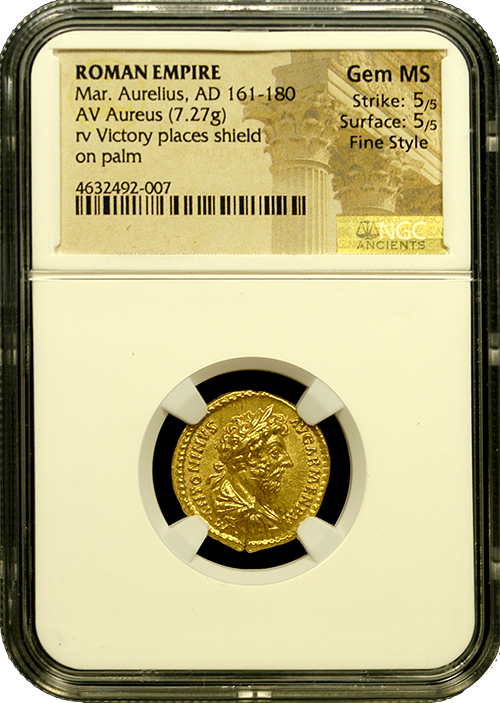 161-180 AD Roman Empire Marcus Aurelius Gold Aureus NGC Gem MS 5x5 Obverse in Holder 161-180 AD Roman Empire Marcus Aurelius Gold Aureus NGC Gem MS 5x5 Obverse in Holder