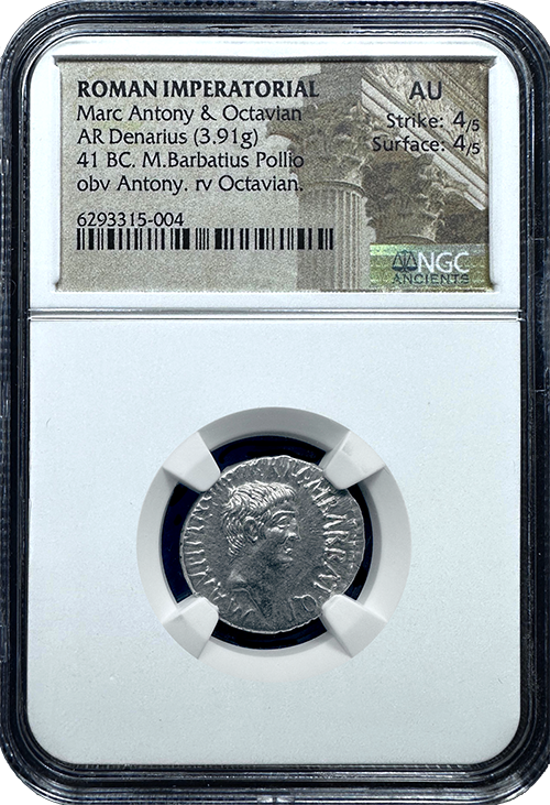 Marc Antony & Octavian | Silver Denarius | AU 4x4 | In Holder Marc Antony & Octavian | Silver Denarius | AU 4x4 | In Holder