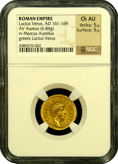 Lucius Verus | Gold Aureus | Ch-AU 5x5 | In Holder Lucius Verus | Gold Aureus | Ch-AU 5x5 | In Holder