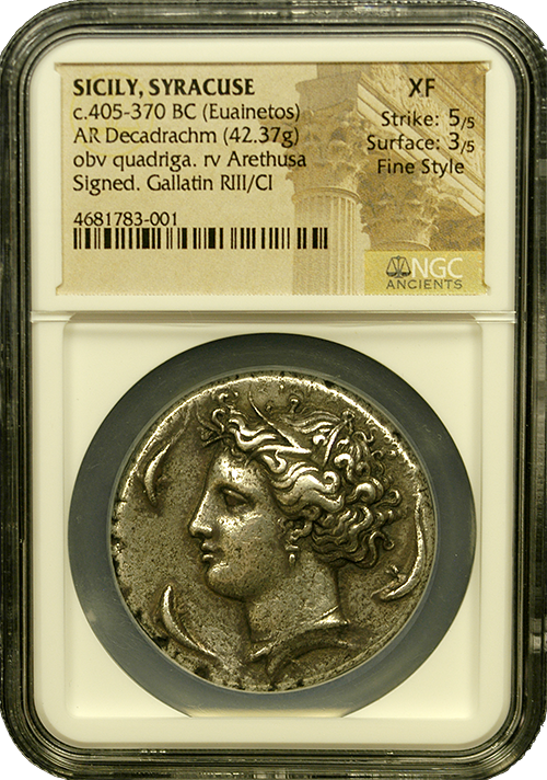 405-370 BC Sicily, Syracuse Silver Decadrachm NGC Extremely Fine 5x3 Obverse in Holder 405-370 BC Sicily, Syracuse Silver Decadrachm NGC Extremely Fine 5x3 Obverse in Holder