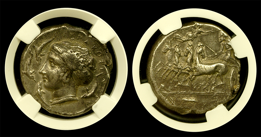 405-370 BC Sicily, Syracuse Silver Decadrachm NGC Extremely Fine 5x3 Reverse in Holder 405-370 BC Sicily, Syracuse Silver Decadrachm NGC Extremely Fine 5x3 Reverse in Holder