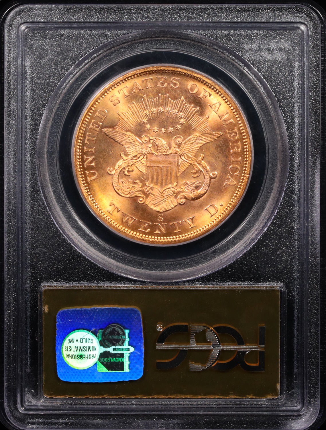 1857-S $20 Liberty Gold SS Central America Reverse in HOlder