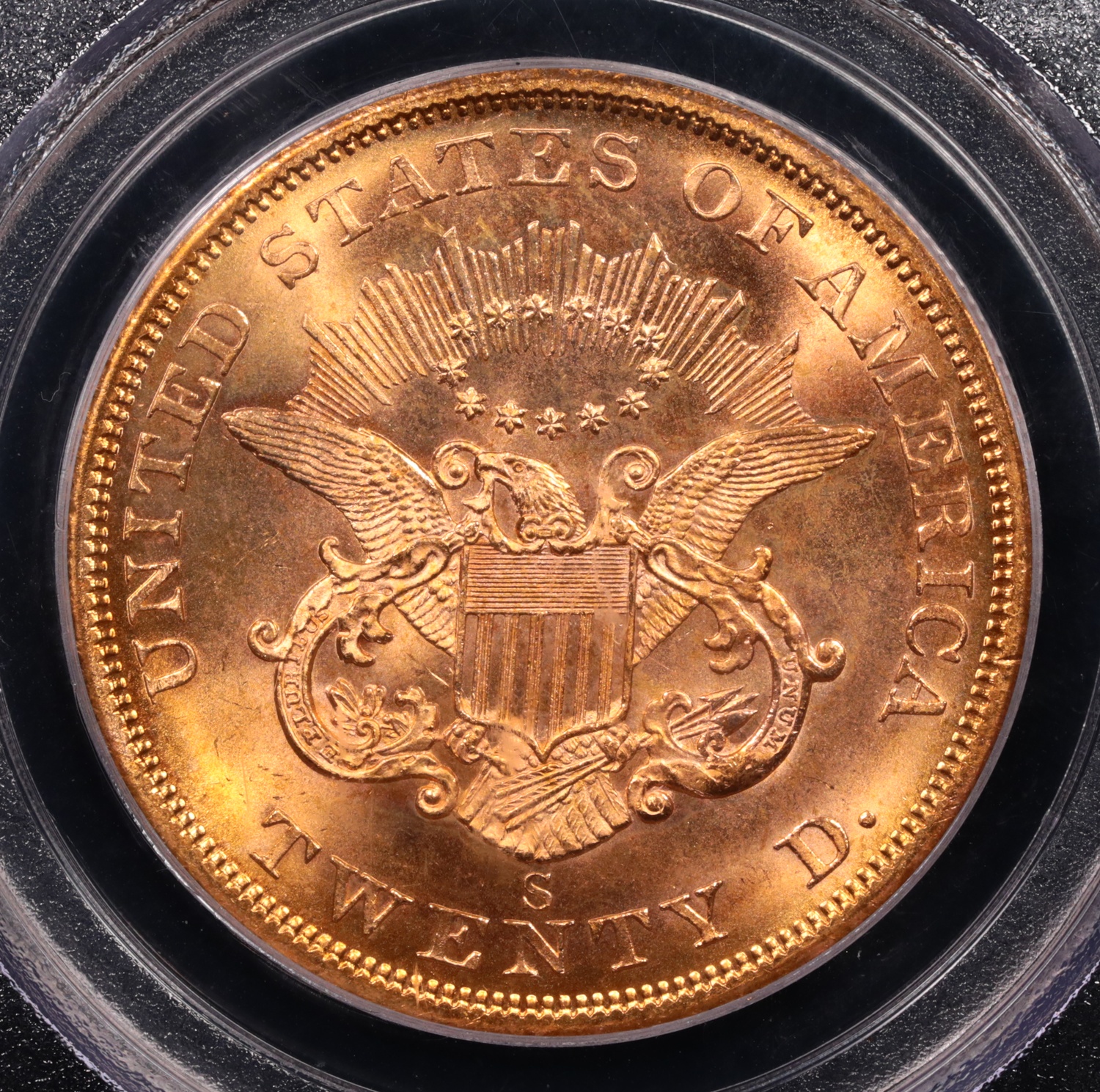 1857-S $20 Liberty Gold SS Central America Reverse Close Up
