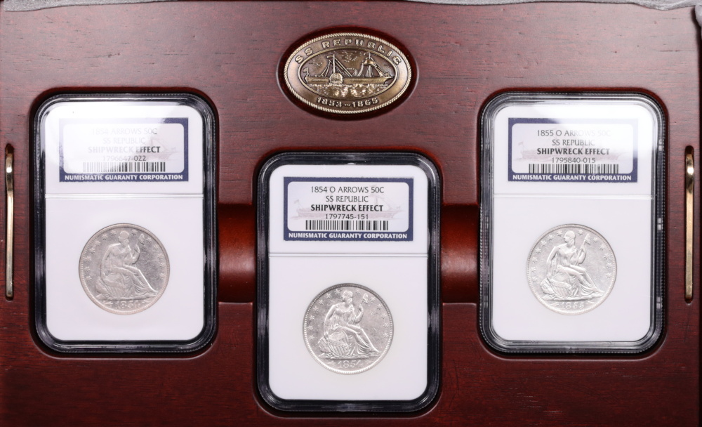 SS Republic 3-Coin Arrows Liberty Seated Half Dollar Set NGC Slabs in Mahogany Display Tray