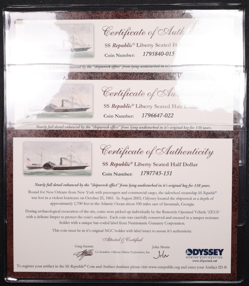 SS Republic Liberty Seated Half Dollar Certificates of Authenticity - Three Coins