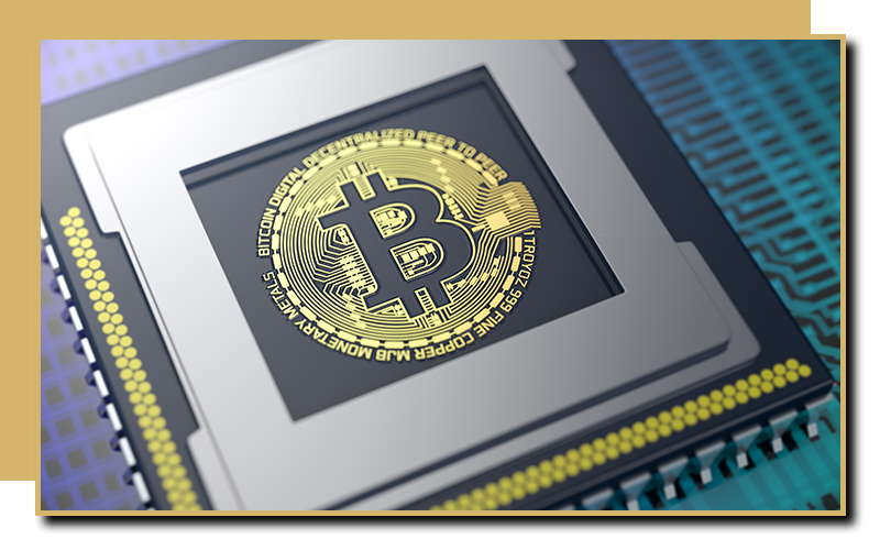 Image of a bitcoin as a computer chip